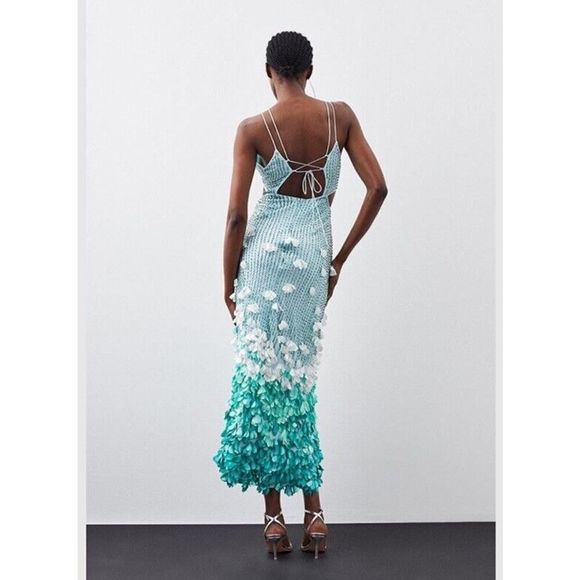 NWT Karen Millen Crystal Appliqué Deep V Woven Maxi Dress BLUE sz 8 US - Picture 4 of 8